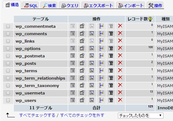 データベースのインポート成功